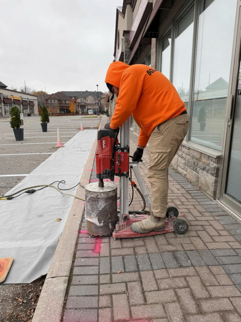 Bollard installation technician core drilling concrete in London, Ontario