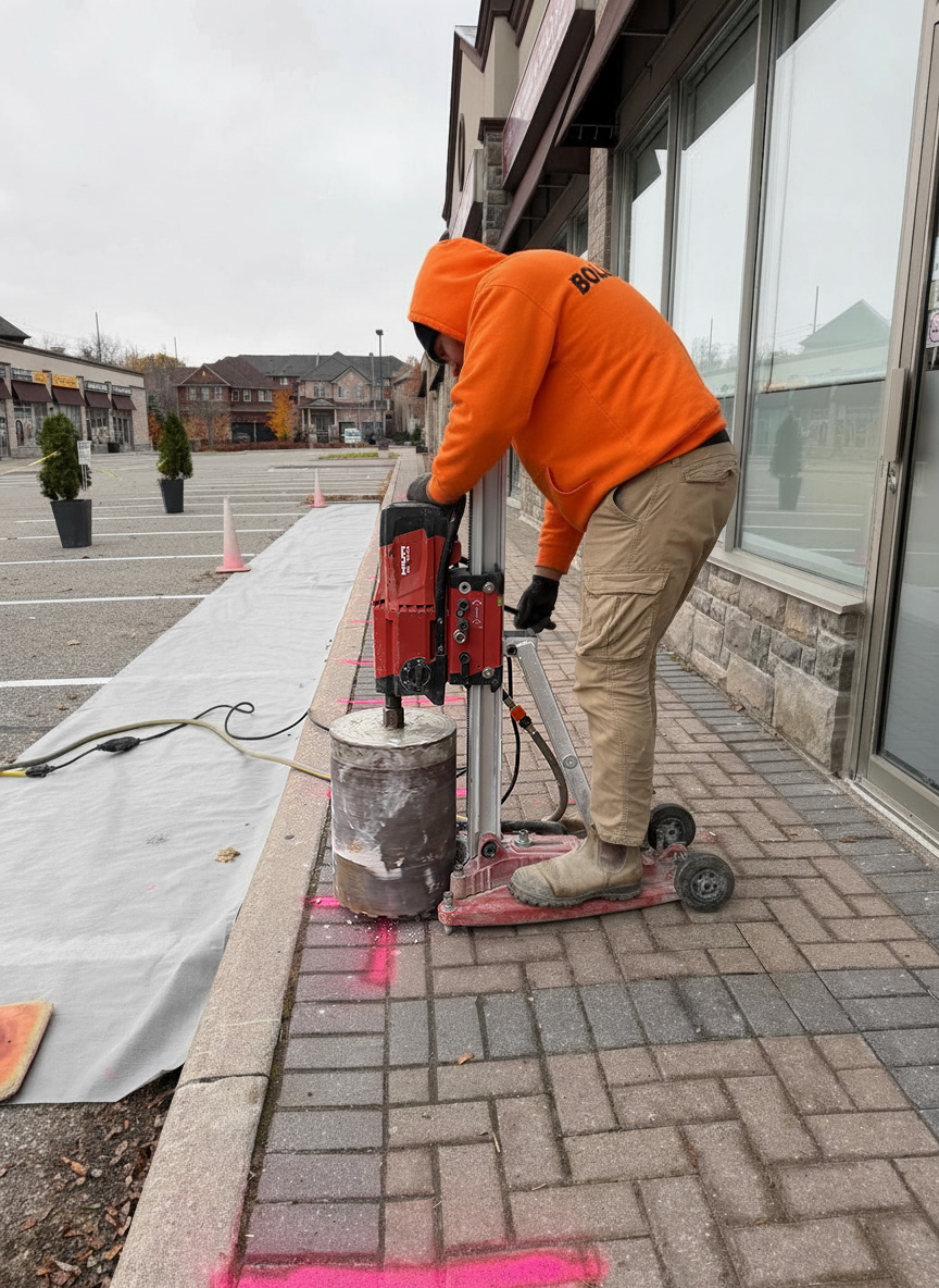 Bollard installation technician core drilling concrete in Brantford, Ontario